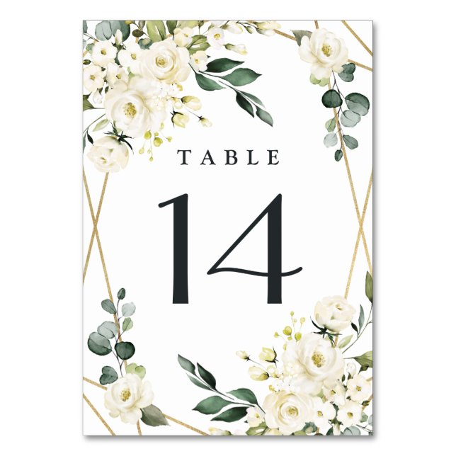 Elegant Gold Geometric Floral Greenery Wedding Table Number (Front)