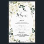 Elegant Gold Geometric Floral Wedding Menu Cards<br><div class="desc">Template features an elegant printed gold coloured geometric frame decorated with watercolor flowers in neutral shades, such as - white, ivory, champagne, and more. The floral elements consist of roses, peonies, hydrangea and baby's breath. This modern design also features greenery, eucalyptus, leaf elements and more for a very unique look...</div>
