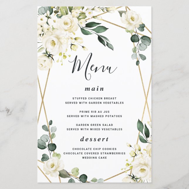 Elegant Gold Geometric Floral Wedding Menu Cards (Front)