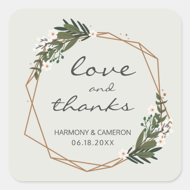 Elegant Gold Geometric Greenery Boho Wedding Square Sticker (Front)