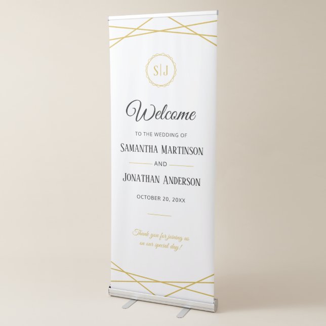 Elegant Gold Geometric Monogram Wedding Welcome Retractable Banner (3/4)