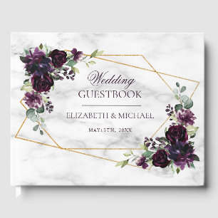 Elegant Gold Geometric Plum Purple Marble Wedding Guest Book