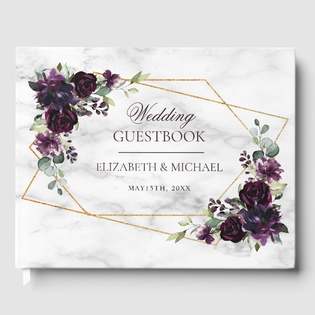 Elegant Gold Geometric Plum Purple Marble Wedding Guest Book (Front)