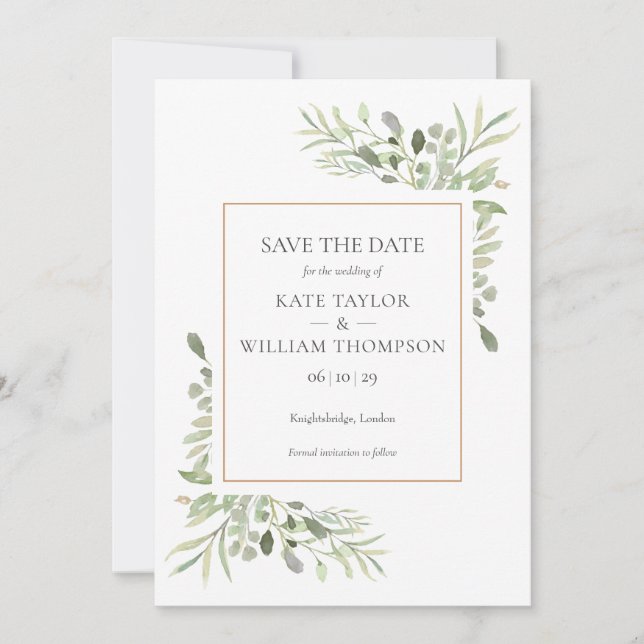 Elegant Gold Geometric Watercolor Greenery Save The Date (Front)