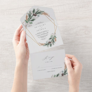 Elegant Gold Geometric Winter Greenery Wedding All In One Invitation