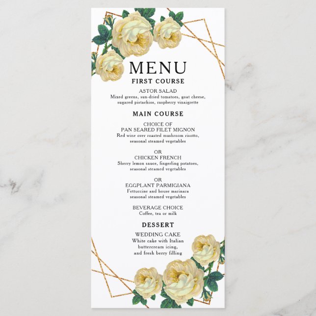 Elegant Gold Geometric Yellow Floral Boho Wedding Menu (Front)