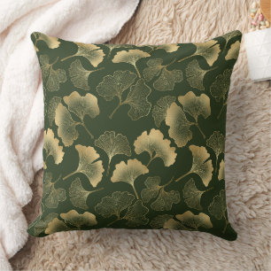 Elegant Gold Ginkgo Leaves Emerald Green Cushion
