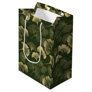 Elegant Gold Ginkgo Leaves Emerald Green Medium Gift Bag