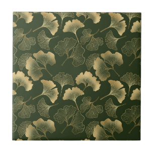 Elegant Gold Ginkgo Leaves Emerald Green Tile