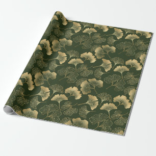Elegant Gold Ginkgo Leaves Emerald Green Wrapping Paper