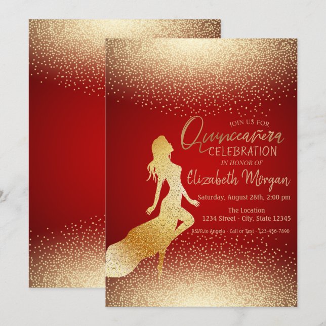 Elegant Gold Girl Silhouette,Confetti  Quinceañera Invitation (Front/Back)