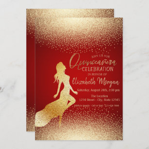 Elegant Gold Girl Silhouette,Confetti  Quinceañera Invitation