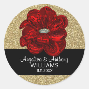 Elegant Gold Gitter,Black, Red Rose Flower Wedding Classic Round Sticker