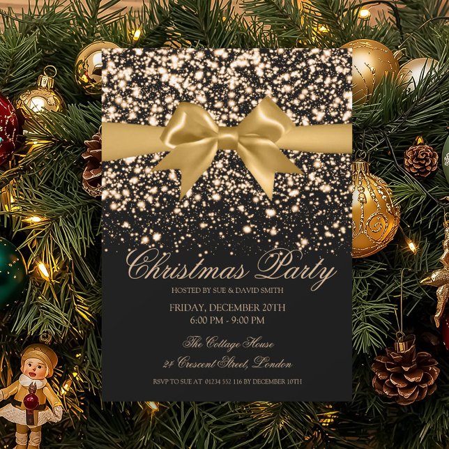 Elegant Gold Glam Bow Christmas Party  Invitation (Elegant Gold Glam Bow Christmas Party Invitation)