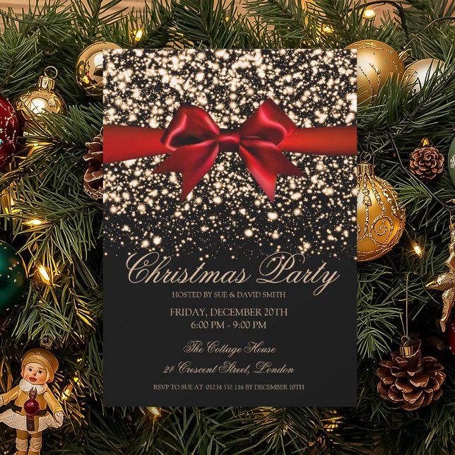 Elegant Gold Glam Red Bow Christmas Party  Invitation (Elegant Gold Glam Red Bow Christmas Party Invitation)