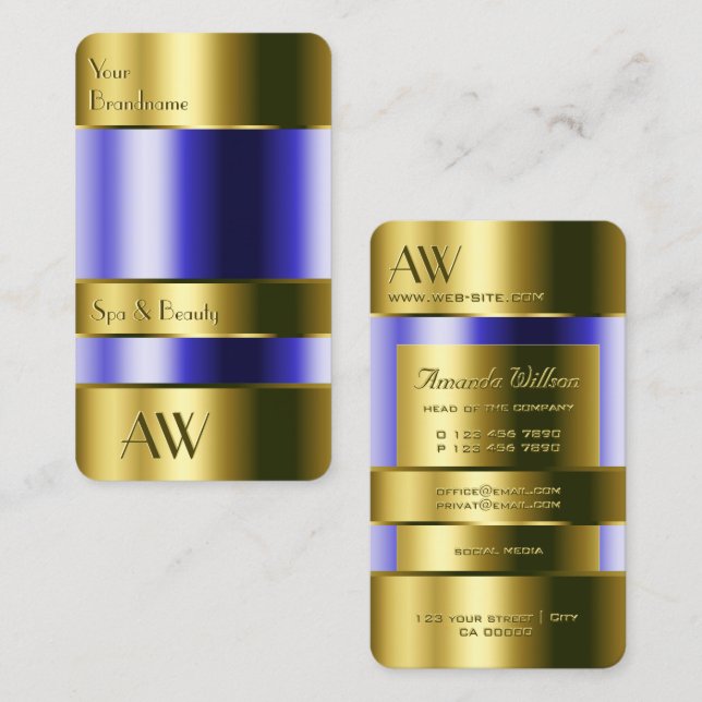 Elegant Gold Glass Optic Blue Fluids 3D Monogram Business Card (Front/Back)