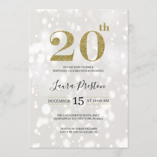 Elegant Gold Glitter 20th Birthday Invitation