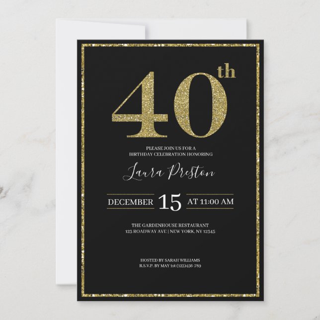 Elegant Gold Glitter 40th Birthday Invitation (Front)