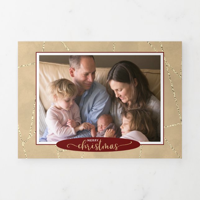 Elegant Gold Glitter 4 Photo Christmas Tri-Fold Holiday Card (Cover)
