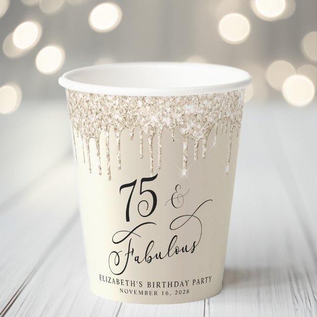 Elegant Gold Glitter 75th Birthday Party Paper Cups (Creator Uploaded)
