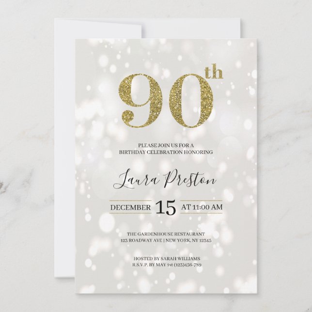 Elegant Gold Glitter 90th Birthday Invitation (Front)