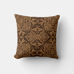 Elegant Gold Glitter and Brown Floral Damask Cushion