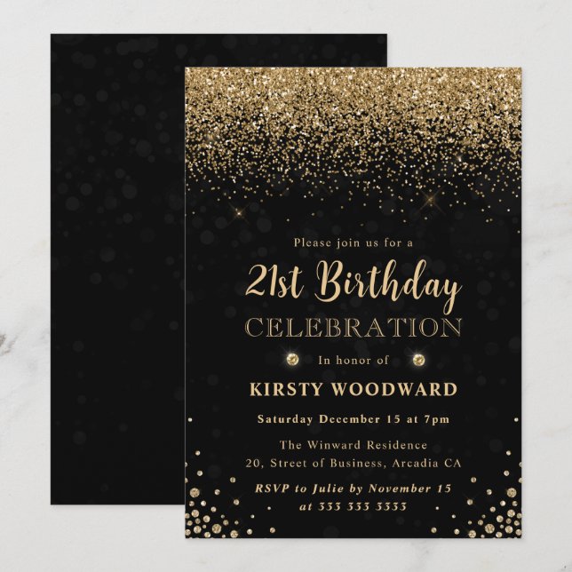 Elegant Gold Glitter and Diamonds 21st Birthday Invitation (Front/Back)