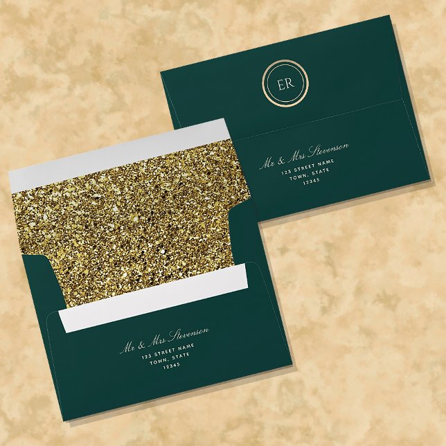 Elegant Gold Glitter and Green Wedding Envelope (Creator Uploaded)