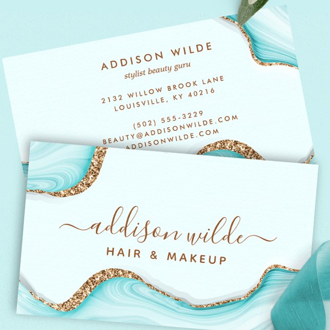 Elegant Gold Glitter Aqua Marble Agate Modern Chic Business Card (Creator Uploaded)