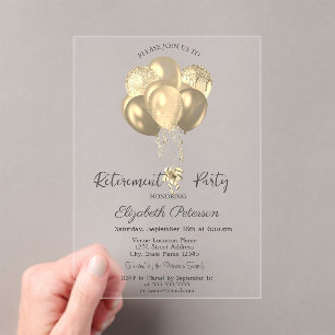 Elegant Gold Glitter Balloons Simple Retirement Acrylic Invitations