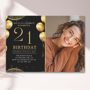 Elegant Gold Glitter Birthday 21th With Photo Invitation