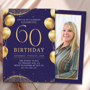 Elegant Gold Glitter Birthday 60th with Balloons Invitation