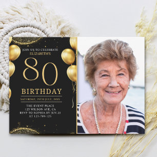 Elegant Gold Glitter Birthday 80th With Photo Invitation