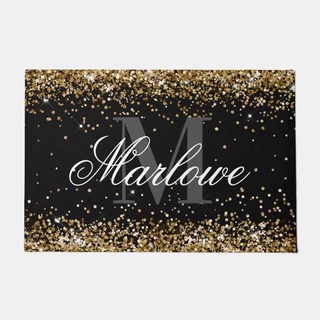 Elegant Gold Glitter Black and White Monogram Doormat (Front)