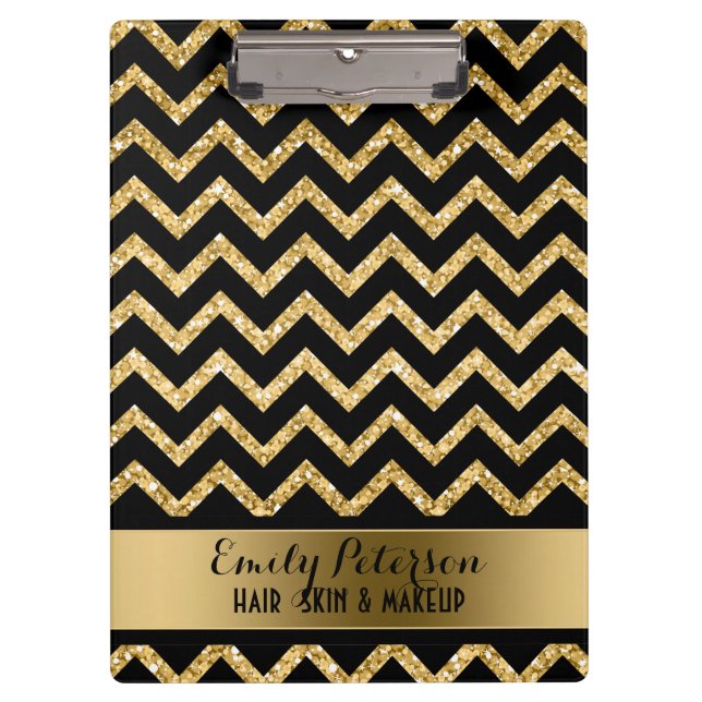 Elegant Gold Glitter Black Chevron Gold Accents Clipboard (Front)
