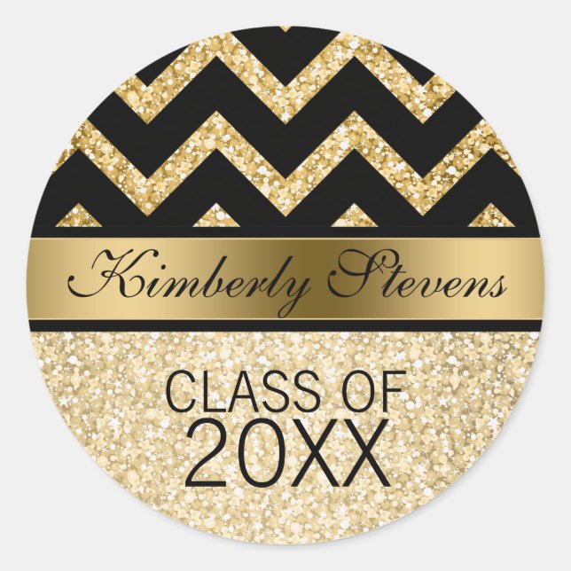 Elegant Gold Glitter Black Chevron-Graduations Classic Round Sticker (Front)