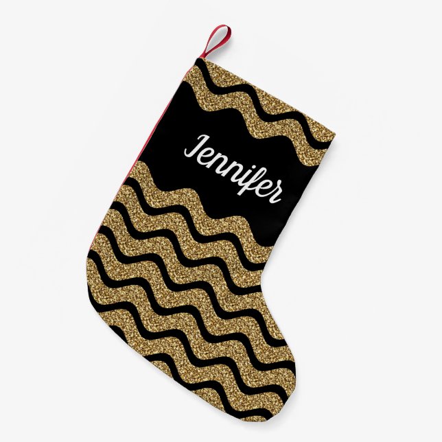 Elegant Gold Glitter Black Chevron Stripes Name Small Christmas Stocking (Front (Hanging))
