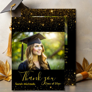 Elegant gold glitter black Graduate photo Thank You Card