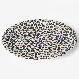 Elegant Gold Glitter Black Leopard Animal Print Paper Plate