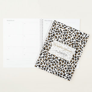 Elegant Gold Glitter Black Leopard Animal Print Planner