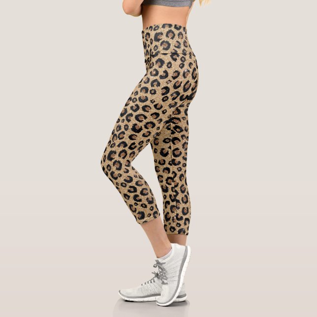 Elegant Gold Glitter Black Leopard Print Capri Leggings (Left)