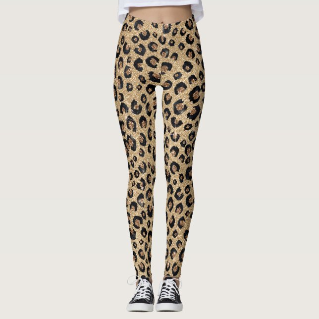 Elegant Gold Glitter Black Leopard Print Leggings (Front)