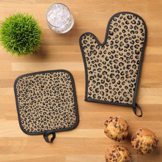 Elegant Gold Glitter Black Leopard Print Oven Mitt & Pot Holder Set (Top Down)