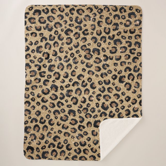 Elegant Gold Glitter Black Leopard Print Sherpa Blanket (Front)