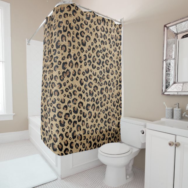 Elegant Gold Glitter Black Leopard Print Shower Curtain (In Situ)