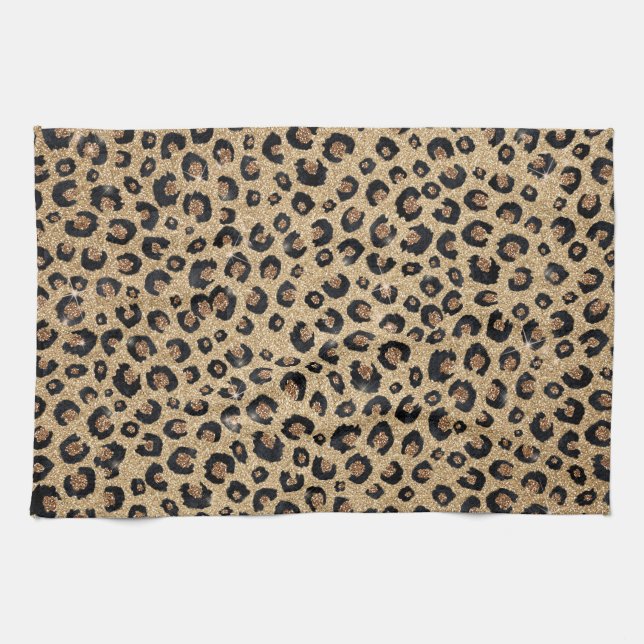 Elegant Gold Glitter Black Leopard Print Tea Towel (Horizontal)