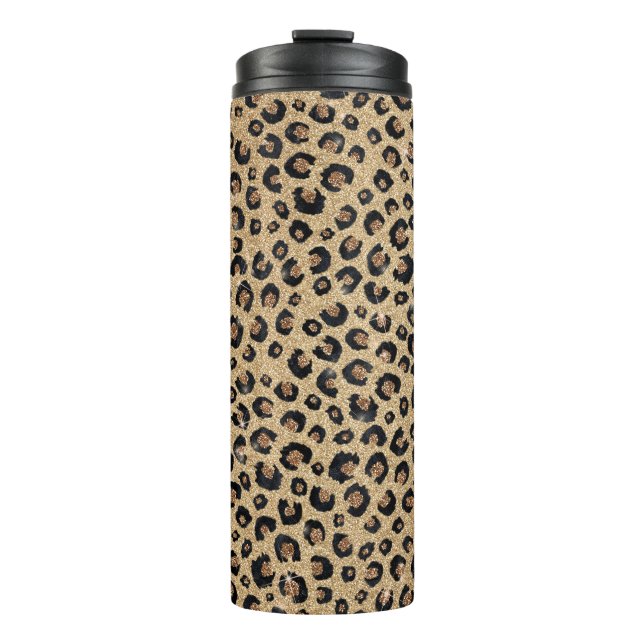 Elegant Gold Glitter Black Leopard Print Thermal Tumbler (Front)