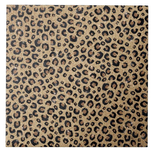 Elegant Gold Glitter Black Leopard Print Tile (Front)