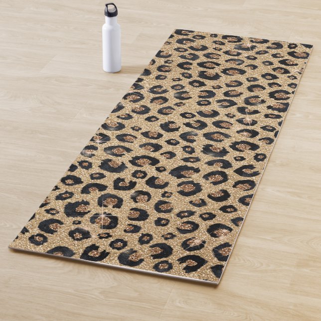 Elegant Gold Glitter Black Leopard Print Yoga Mat (In Situ)