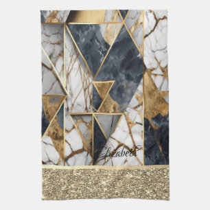 Elegant Gold Glitter  Black Marble Geometric Tea Towel